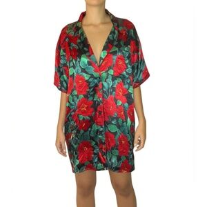 Victoria's Secret sleep Shirt Womens L Black Floral Vintage Satin Retro